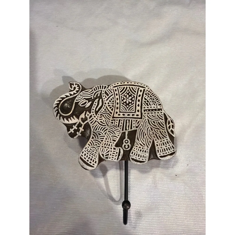 World Market Hand Carved Wood Elephant Wall Hook Brown White Block Print Design